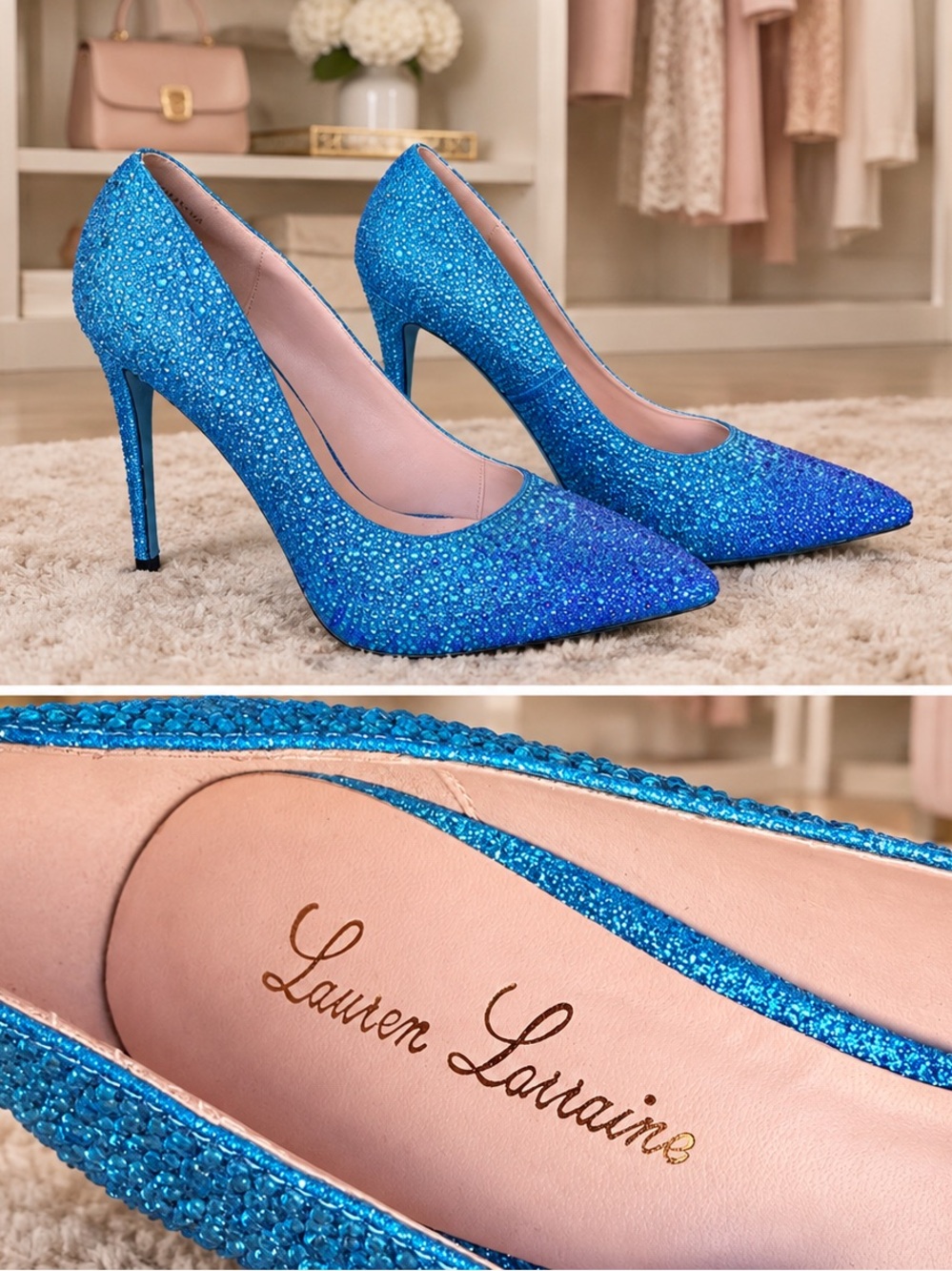 Lauren Lorraine Samantha Turquoise Blue Sparkle Rhinestone Crystal Pumps 8 EUC